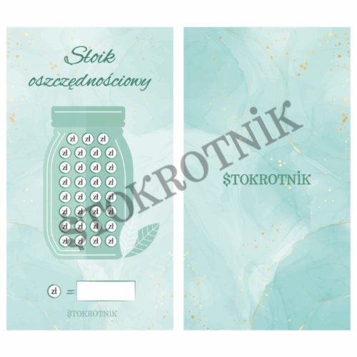 Wyzwanie Słoik oszczędnościowy to karta w pięknym kolorze turkusowym. Na środku znajduje się słoik z 32 polami do zamalowania.