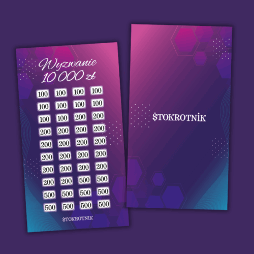 Na górze tytuł "Wyzwanie 10000 zł". Na fioletowym tle znajdują się pola do zamalowania z różnymi kwotami.