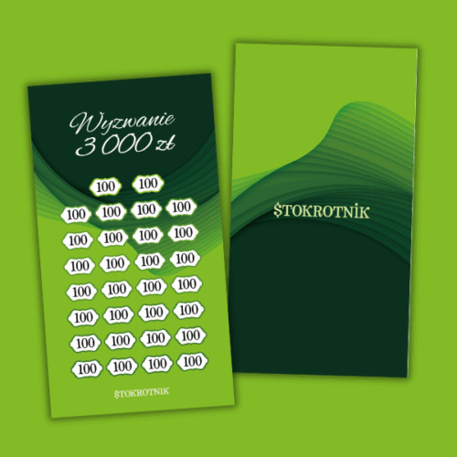 Wyzwanie kwotowe w kolorze zielonym, w centrum pola do zamalowania o wartości 100 zł