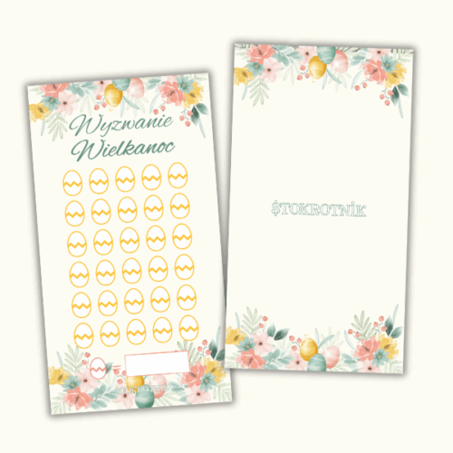 Plakietka z polami do zamalowania w formie świątecznego jajeczka. W tle kolorowa grafika świąteczna i napis Wyzwanie Wielkanoc