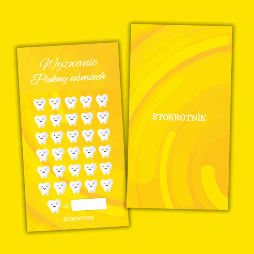 Grafiki do zamalowania w formie uśmiechniętych zębów na żółtym tle z napisem "Wyzwanie Piękny uśmiech"