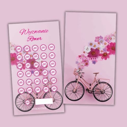 Na górze napis: "Wyzwanie rower", a w tle grafika z kwiatami w kolorze różowym, na tym pola do zamalowania.