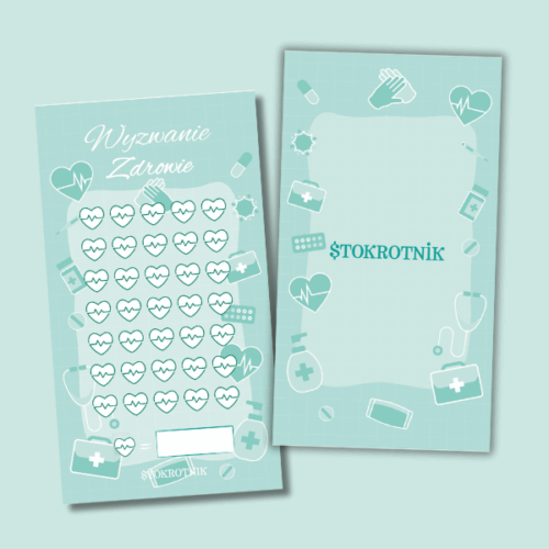 Plakietka z polami do zamalowania w formie serca, w tle motywy zdrowotne w kolorze turkusowym, w centrum napis "Wyzwanie Zdrowie"