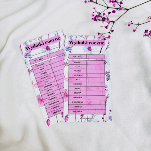 Dwie karty do planowania rocznych wydatków w odcieniach różu i fioletu, z nagłówkiem „Wydatki roczne” i miejscami na wpisanie miesięcznych kwot.