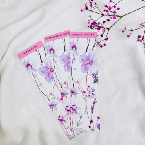 Na zdjęciach widoczne są trzy zakładki do segregatora w formacie A6 z motywem kwiatowym w odcieniach fioletu, różu i bieli. Każda zakładka ma nagłówek z różowym paskiem: „WYZWANIA”, „WYZWANIA ROCZNE” oraz „KOSZTY ROCZNE”. Zakładki leżą na białym tle, a obok nich znajdują się drobne, różowe kwiatuszki.