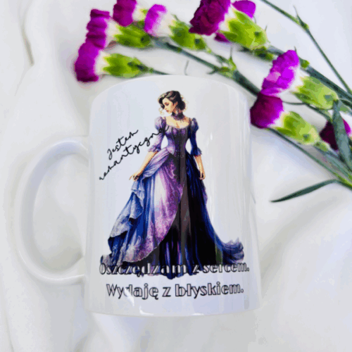 Kubek "Jestem romantyczna... Oszczędzam z sercem. Wydaję z błyskiem"
